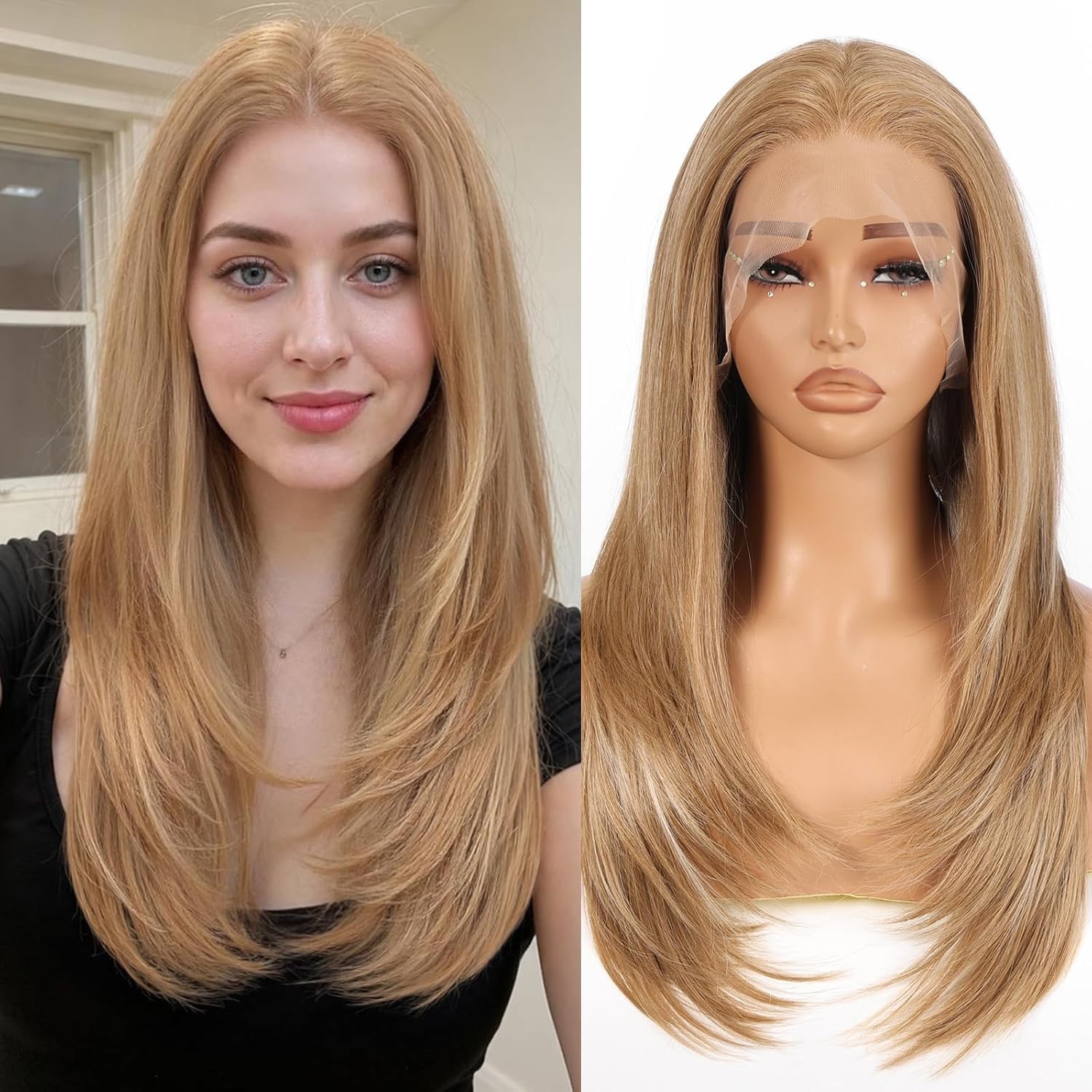 HD Light Brown Lace Front Human Hair Blend Straight Wigs
