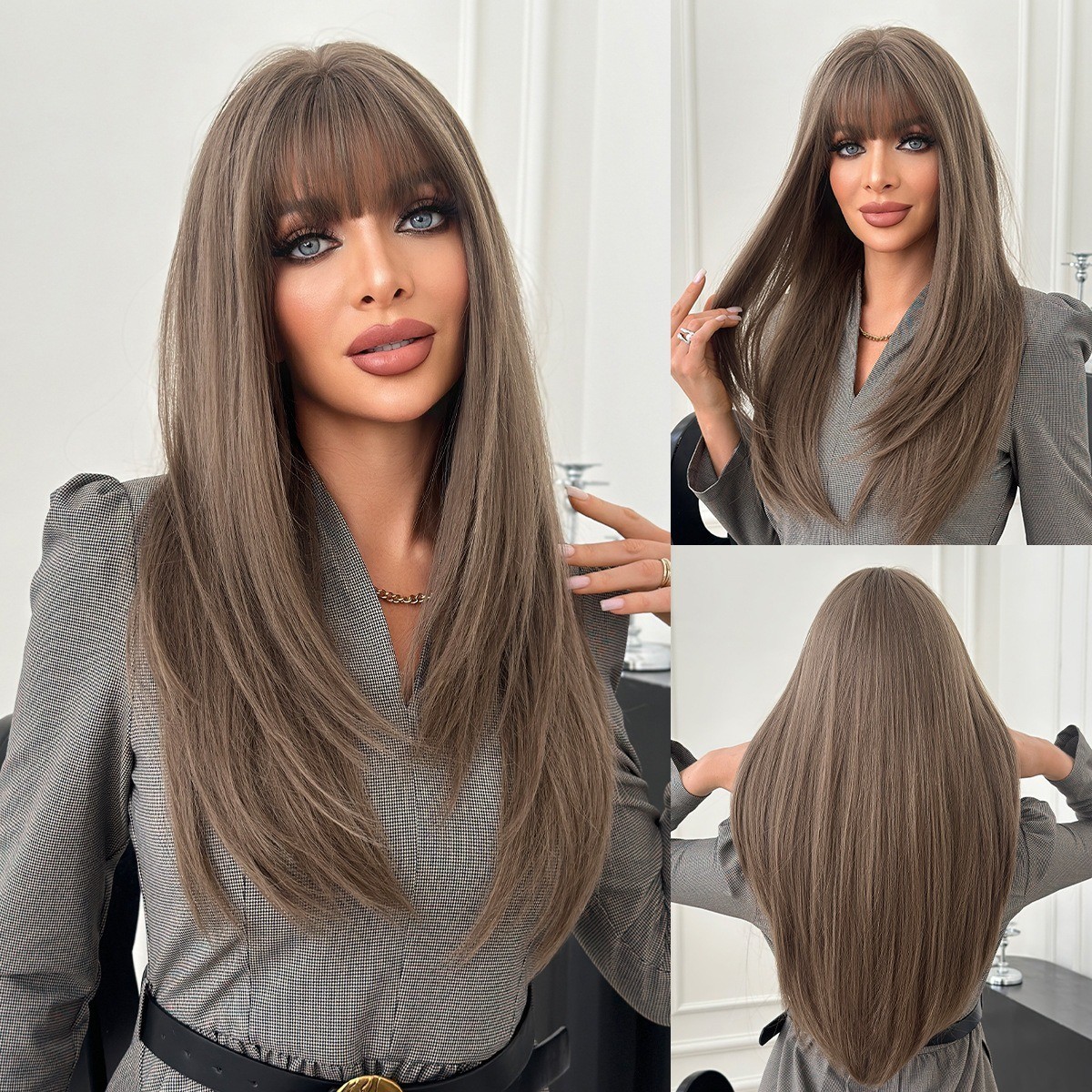 Brown high-quality straight hair with fringe wig for women full head coverings