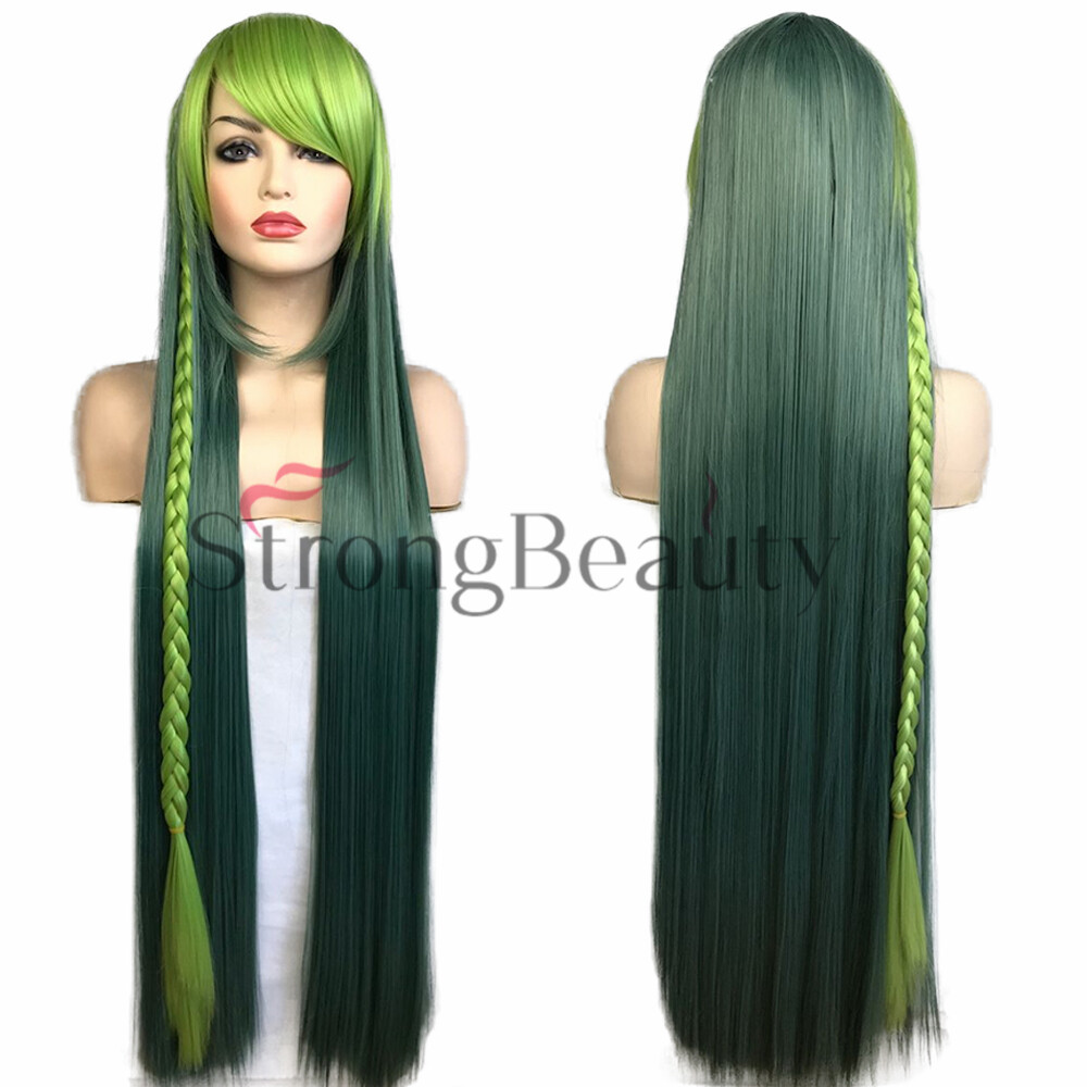 Women Anime Long Ombre Green Straight Braided Hair Wig Party Cosplay Wigs