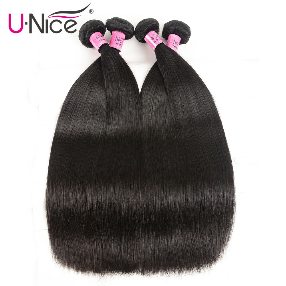 UNice Brazilian Straight Human Hair Extensions 4 Bundles Weave With Lace Closure