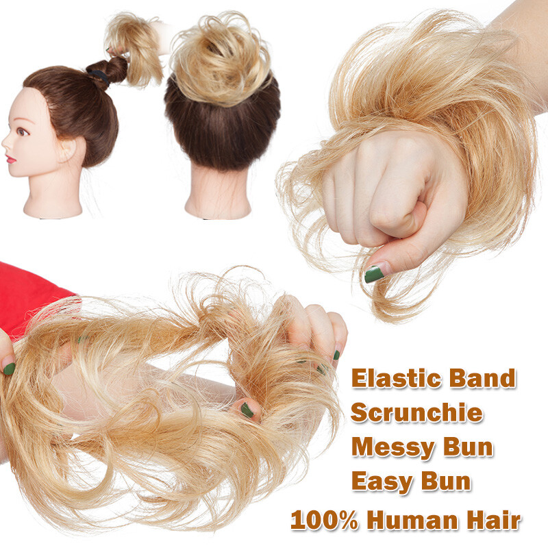 100% Real Human Hair Piece Clip In Wrap On Around Chignon Messy Bun Elastic Band