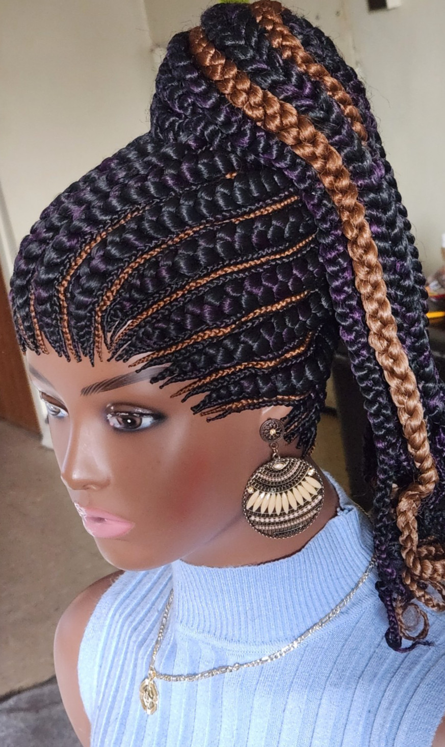 handmade braided Ghana banana cornrows wig poney tail 1B mix Dark purple/Dark br