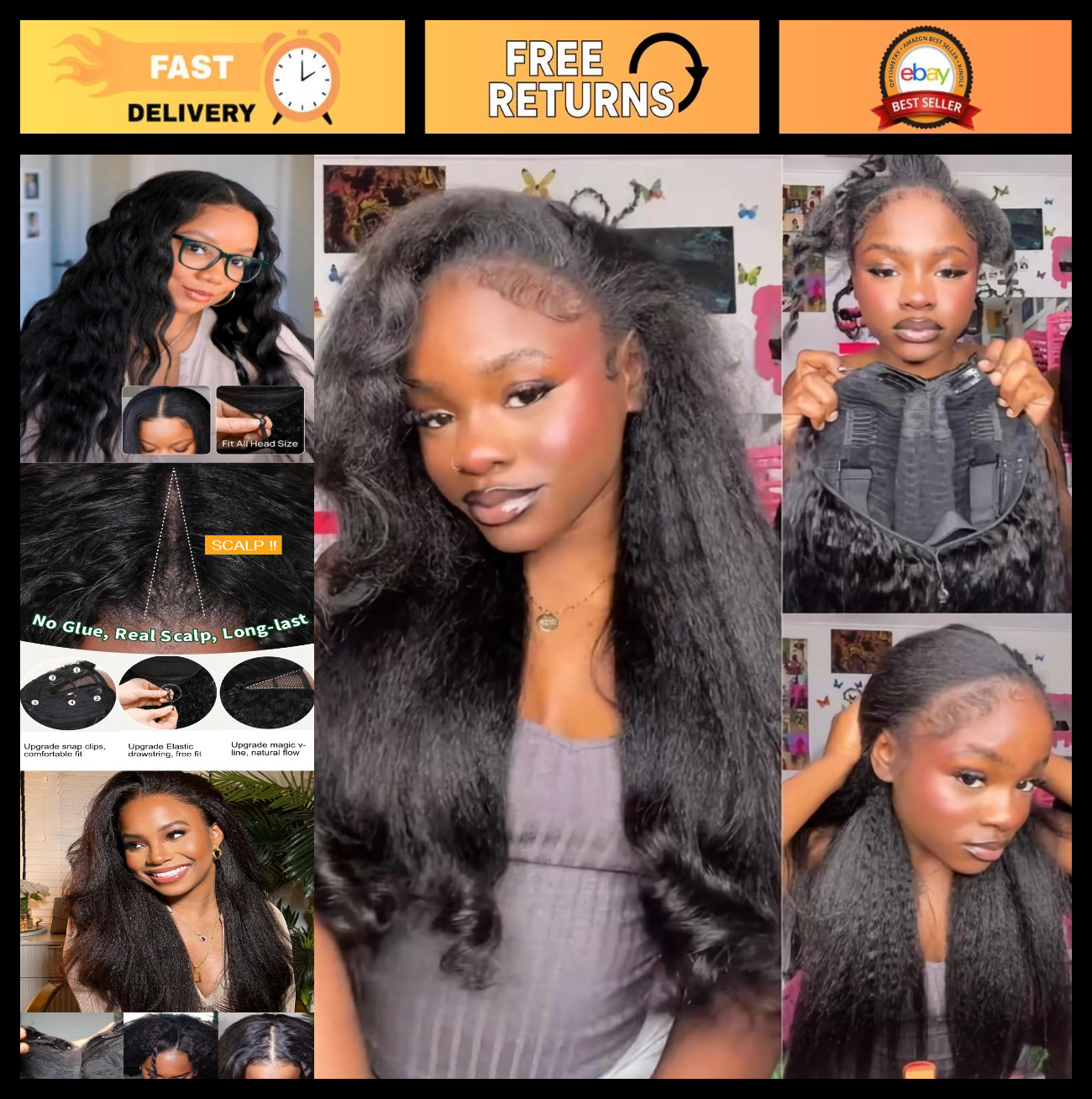 Kinky Straight V Part Wig – Glueless Human Hair, Clip-in, No Leave Out, 18