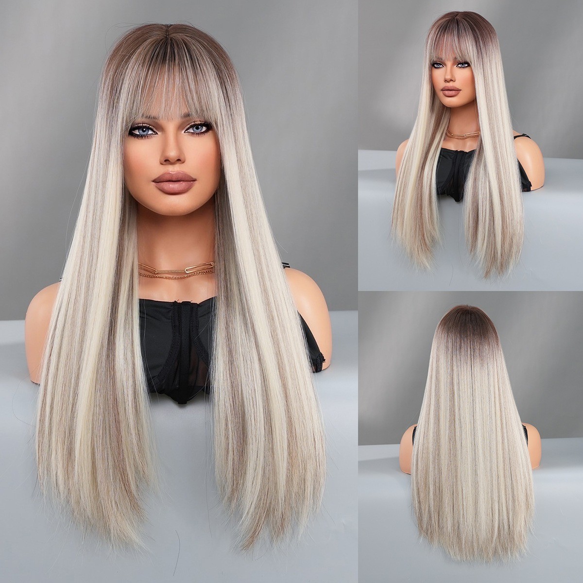 Grey Blonde Wig Long Straight Hair Daily Synthetic Fur Fake Hair Full Head Cover