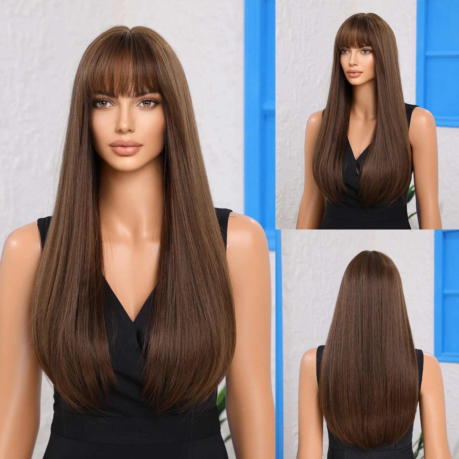 Medium brown Cosplay Party Wig With Fringe Synthetic Hair Women Long Straight