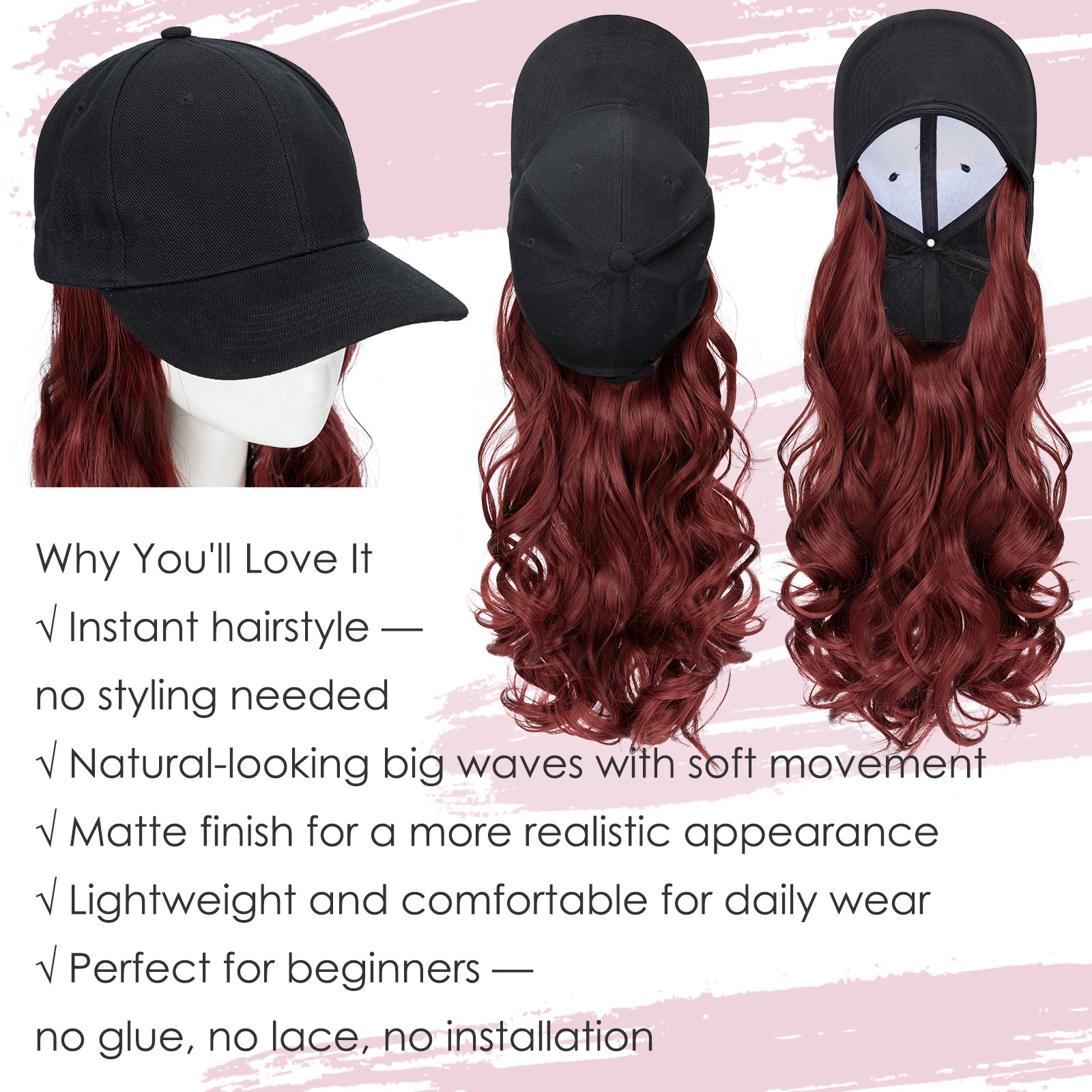 Baseball Cap Black Hat with Long Wavy Synthetic Hair Wig for Women Long FullHead