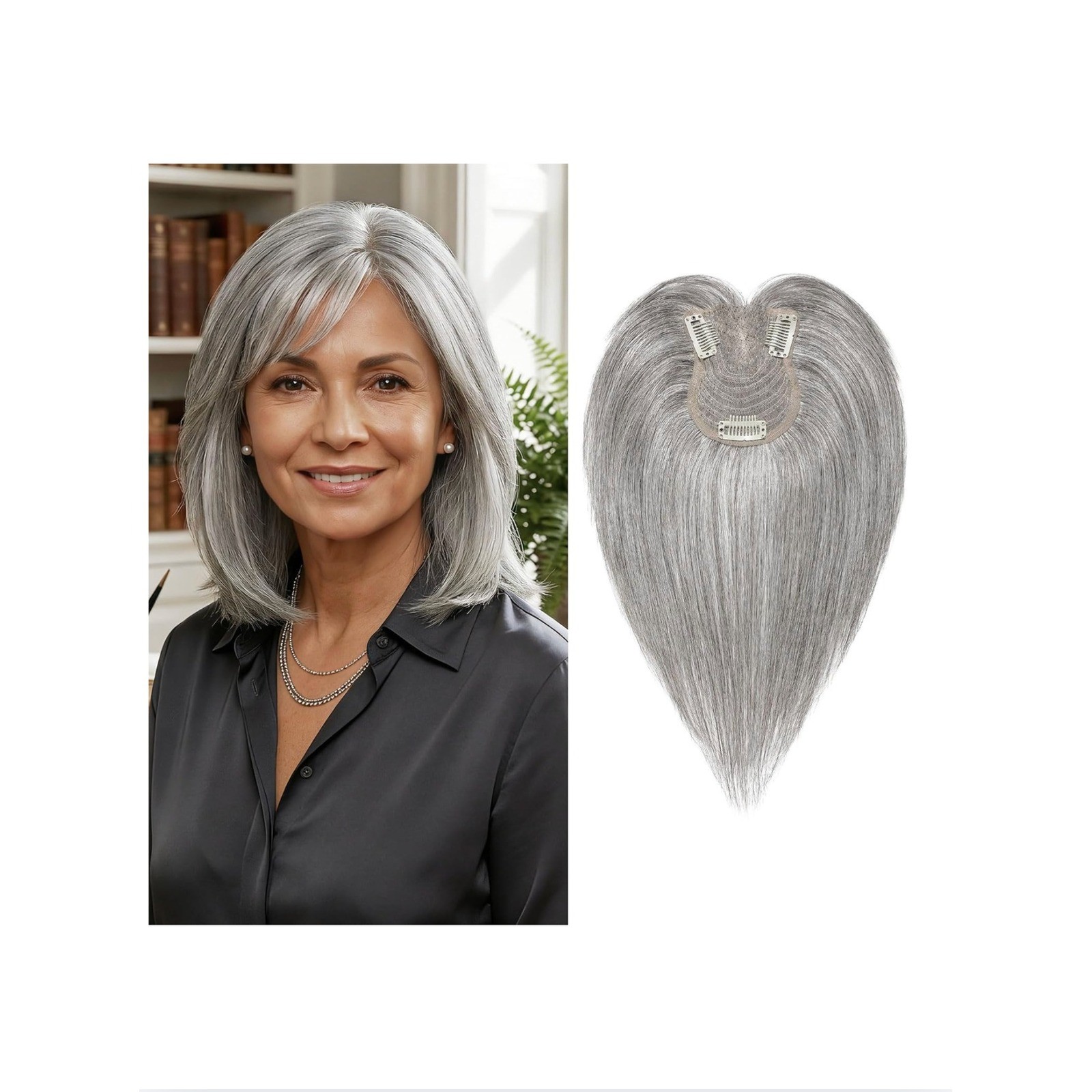 SEIKEA 10in Human Hair Topper with Bangs Light Silver Gray Clip In Hairpiece 22g
