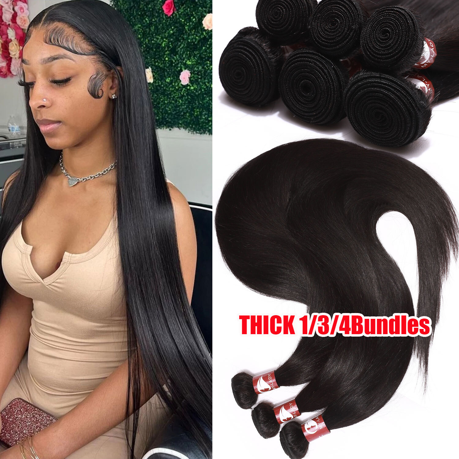 30Inch Brazilian Virgin Human Hair Straight 1/3/4 Bundles Weave Extensions THICK
