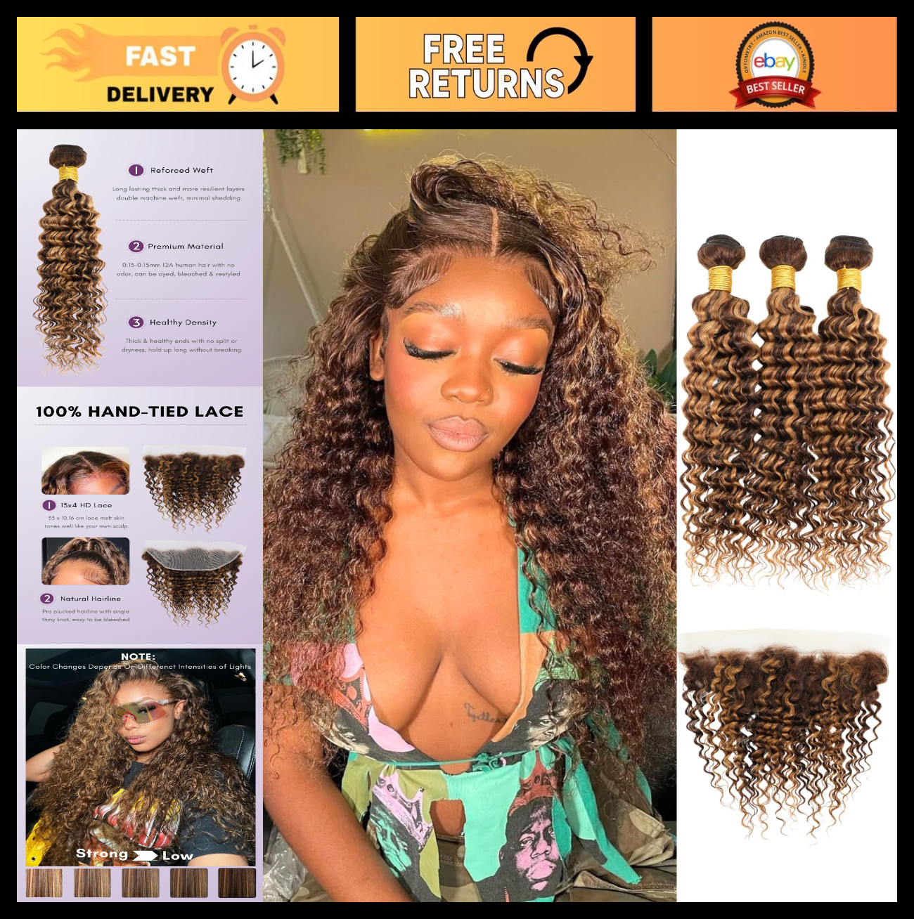 Honey Blonde Deep Wave Hair Bundles 3pcs + 13×4 HD Lace Frontal, 100% Virgin, Om