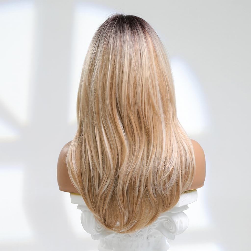 Women Long Blonde Ombre Wig with Deep Roots, Layered Synthetic Wig with Bangs…