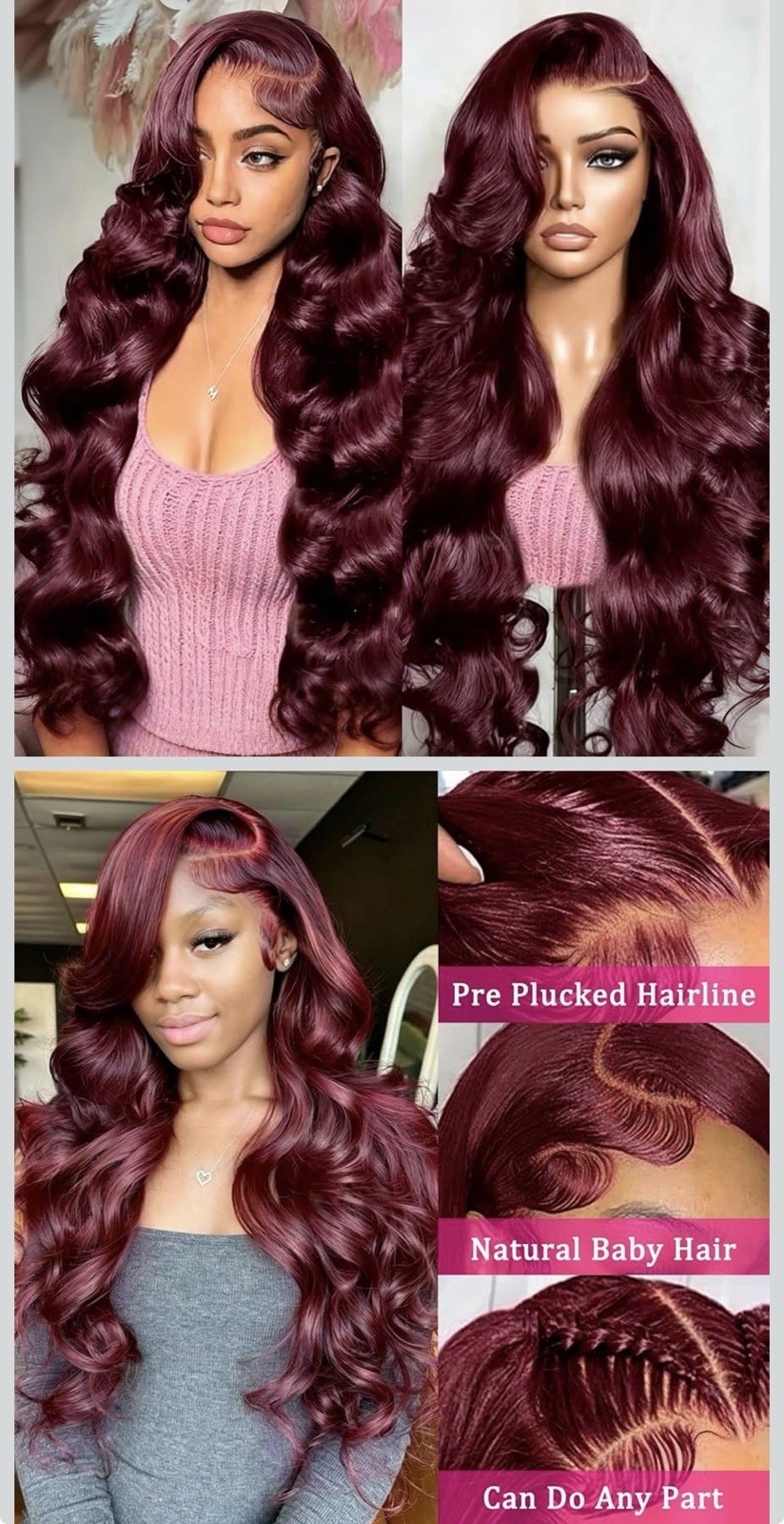30 Inch Burgundy Body Wave Wigs Human Hair with Drawstring 99J 13×6 Double-band