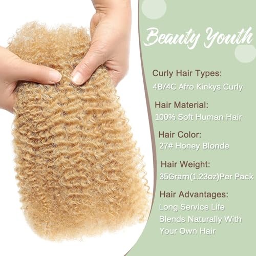 18Inch Afro Kinkys Bulk Human Hair 35g/Pack, 18 Inch (35g) Honey Blonde 27#