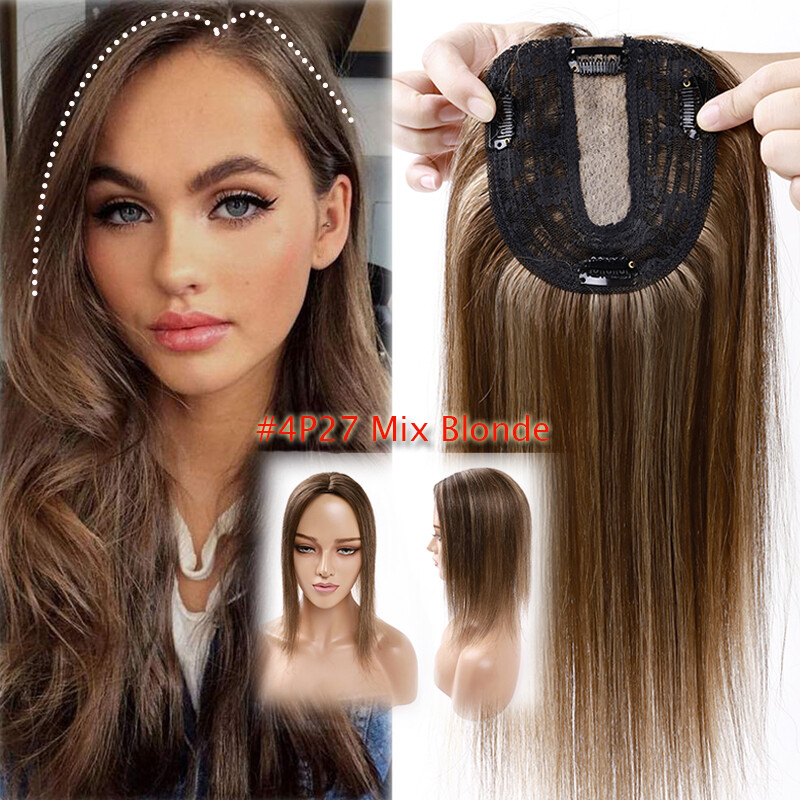 Silk Base 100%Remy Human Hair Topper Top Piece Extensions Women Toupee Clip BANG