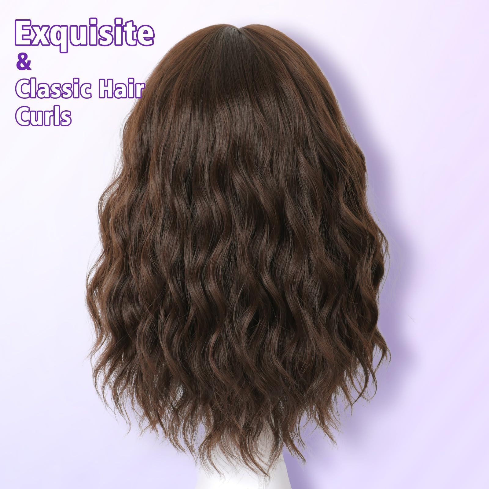 Water Wave Short Curly Wig with Bangs Heat Resistant Synthetic Full Wig for