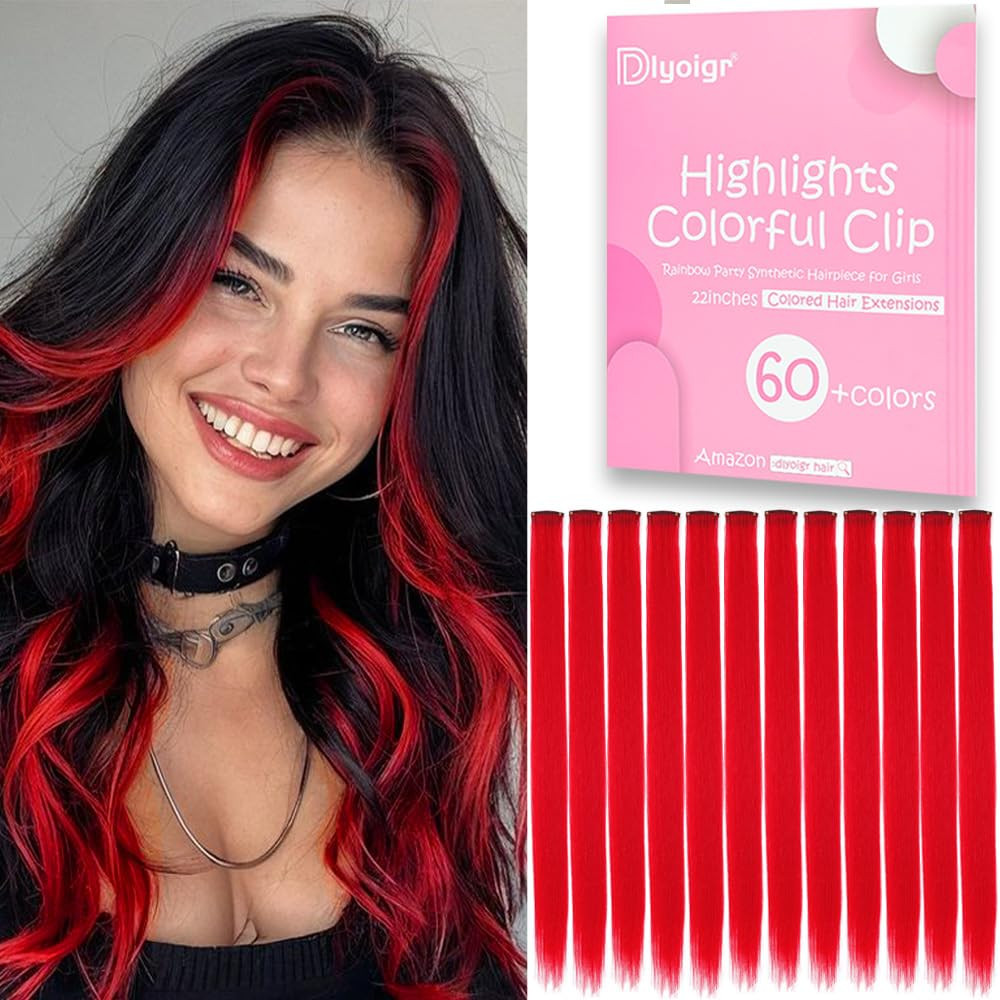 12PCS Red Clip in Hair Extensions 22 Inch Long Straight Heat Resistant