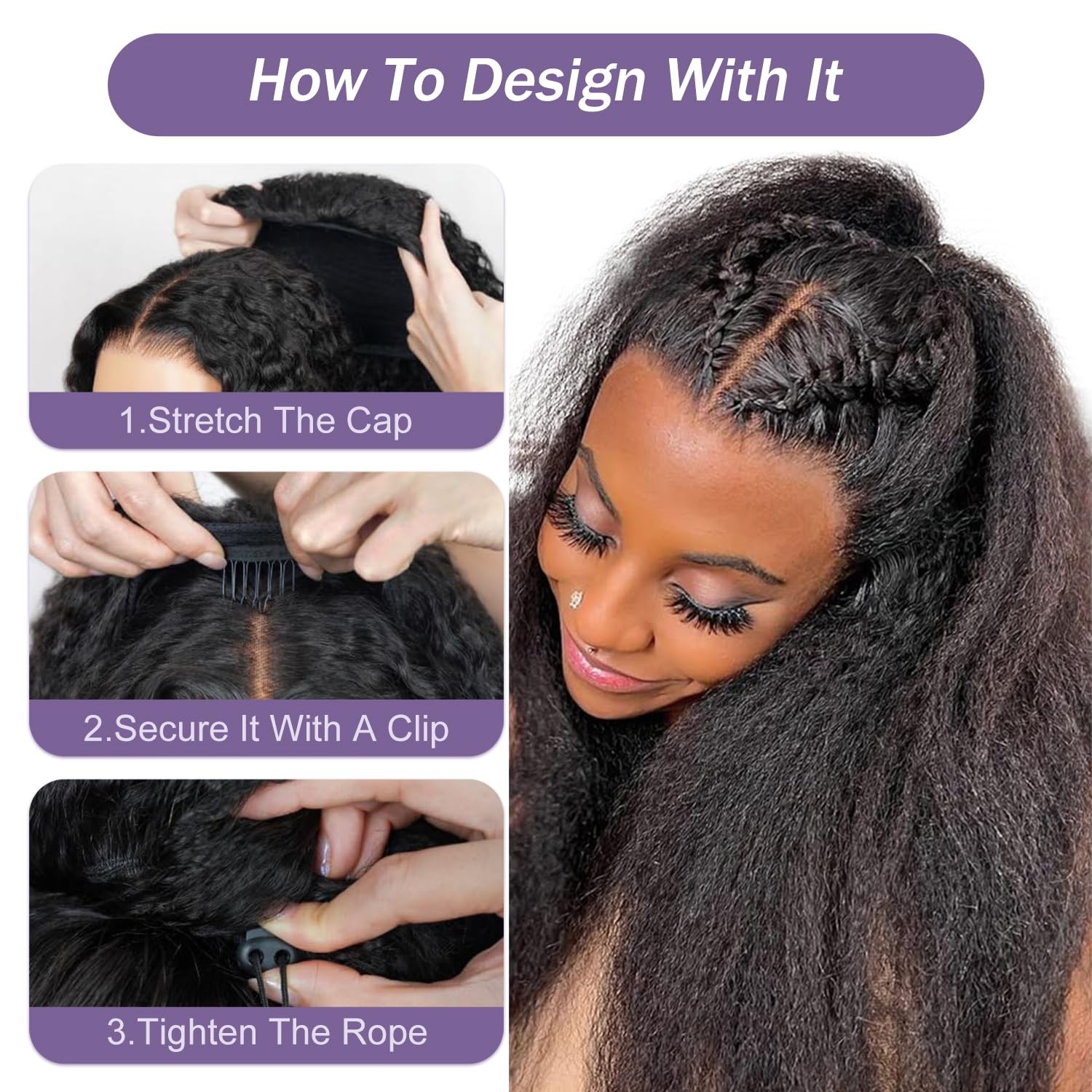 Oq Hair Kinky Straight Half Wig Human Hair Adjustable Drawstring 180 Density 3
