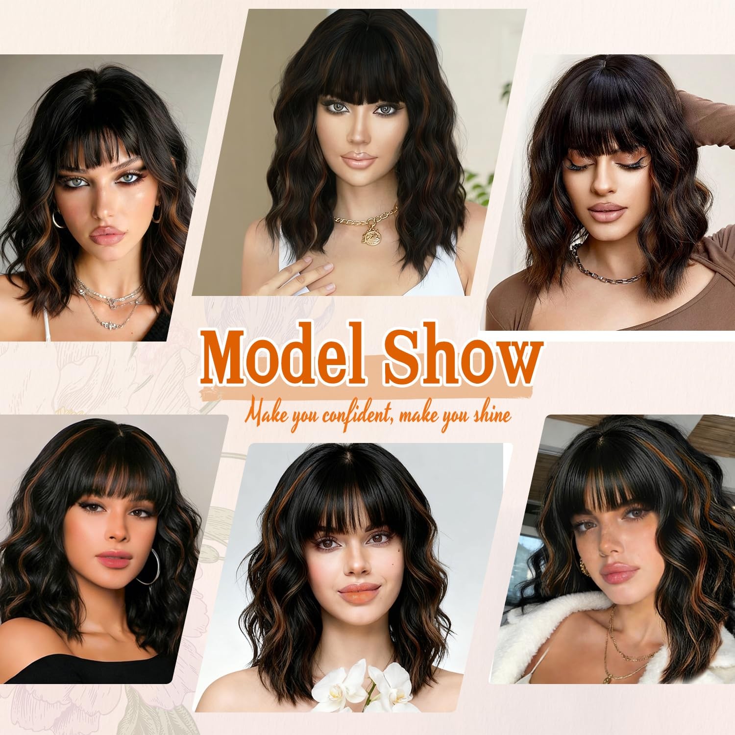 Black Mixed Brown Wig with Bangs Short Wavy Bob Wigs for Women Synthetic 14 Inch