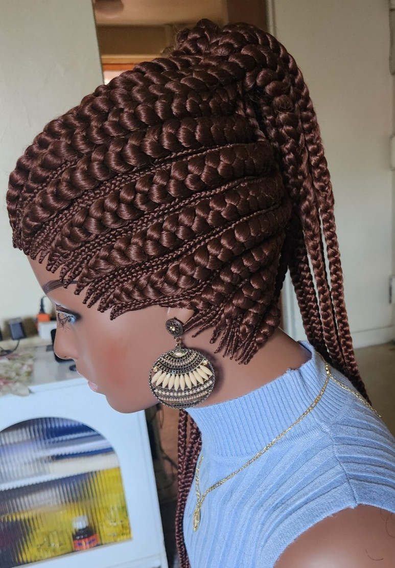Fully hand braided Ghana banana cornrows wig poney tail libre Dark brown
