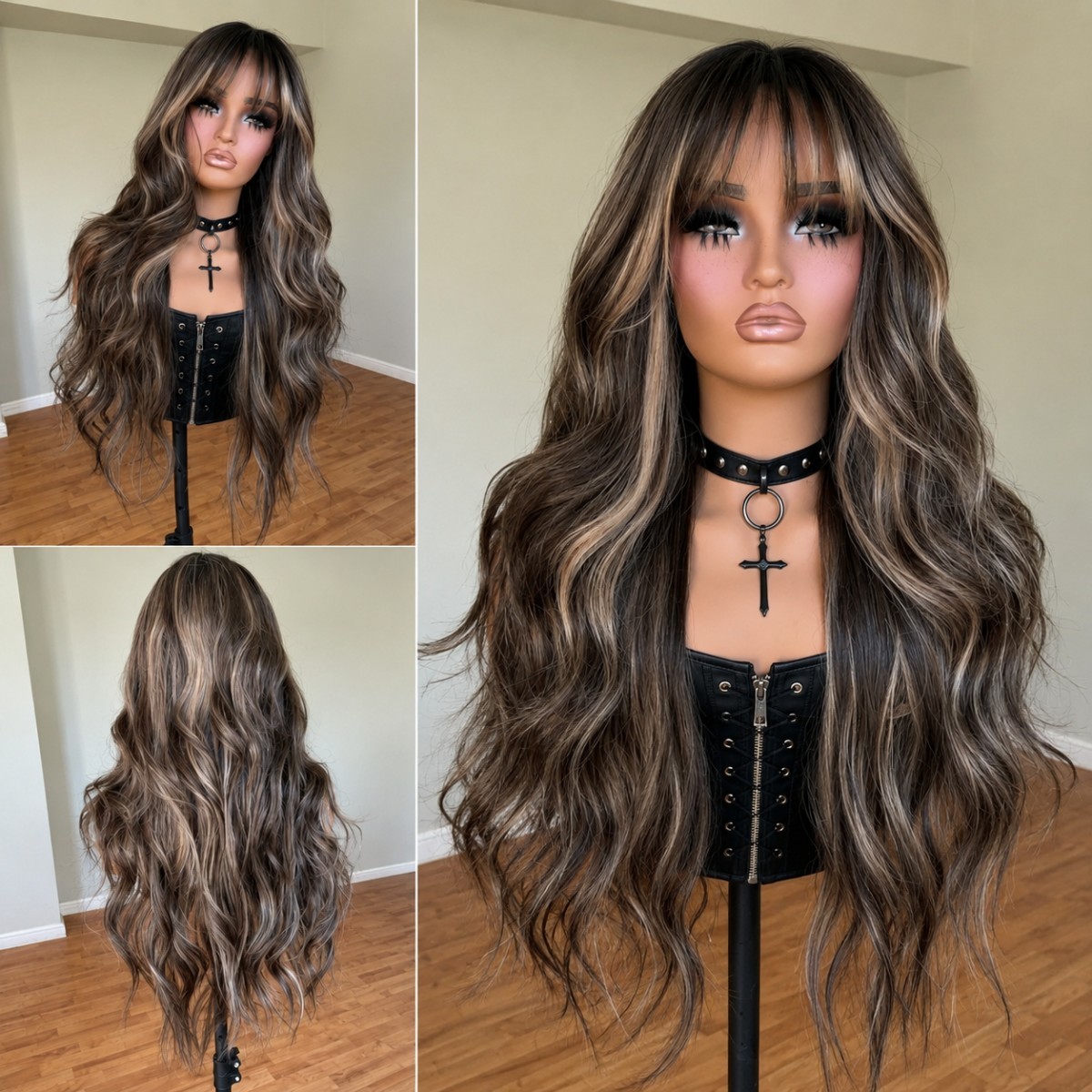 Synthetic Hair Mixed Brown blonde Cosplay Wig With Bangs Long Wavy