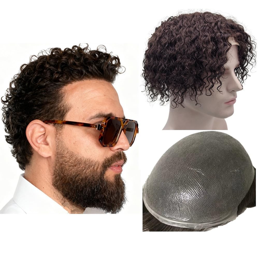 6″ Human Hair Toupee 5mm Spanish Curly Wave Topper 10×8 Dark Brown #2