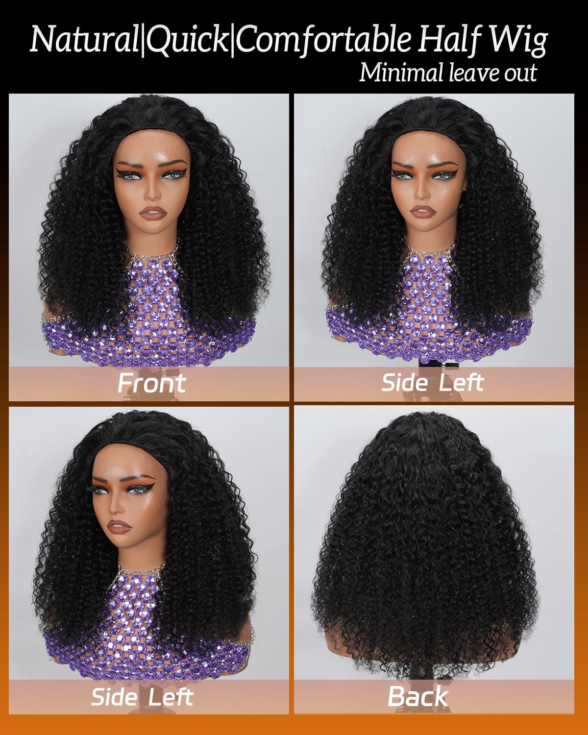 Sherico Kinky Curly Half Wig Human Hair 200 Density 3 In 1 Seamless Flip Over