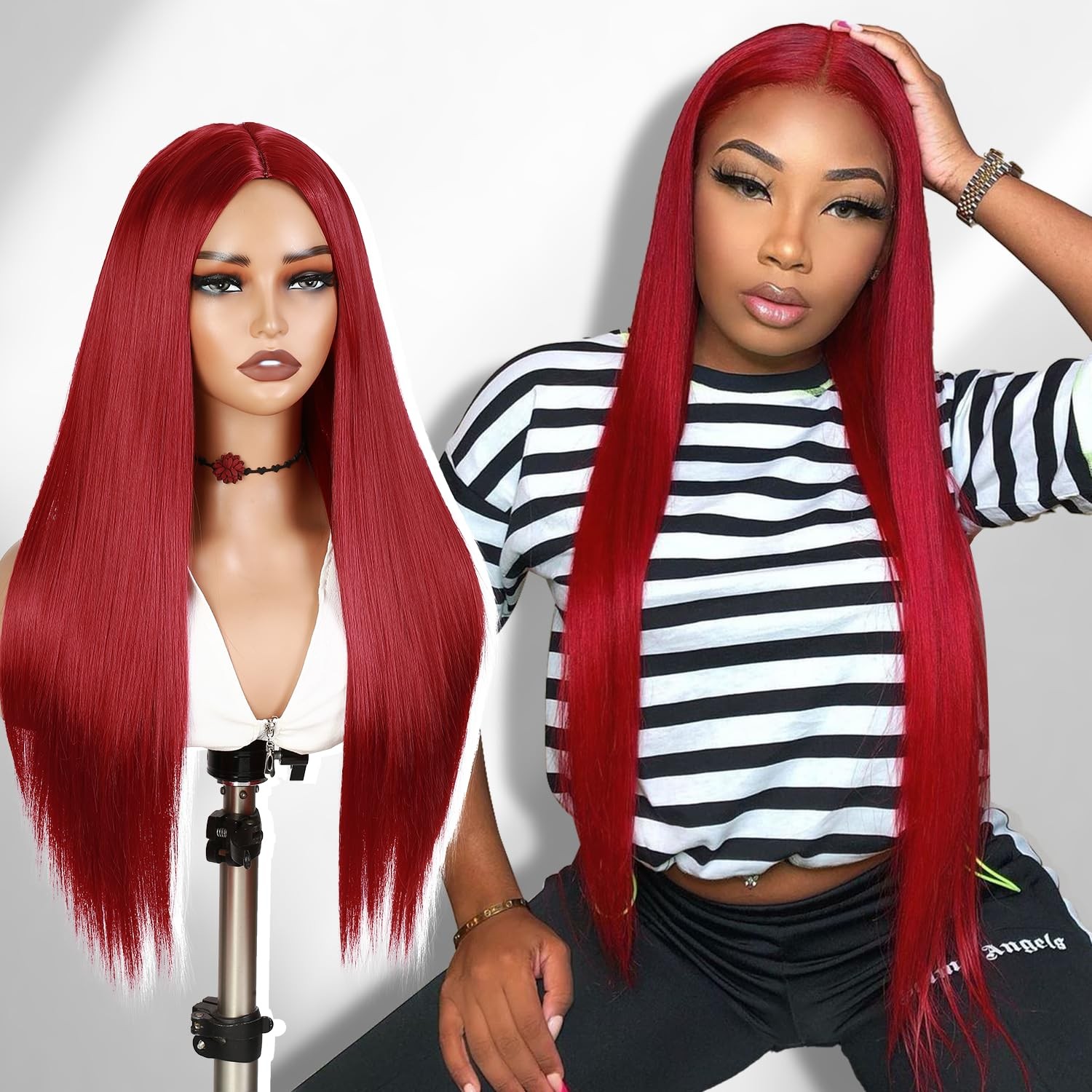 WIGER Long Straight Red Wig for Women, Middle Part Synthetic Cosplay Costume