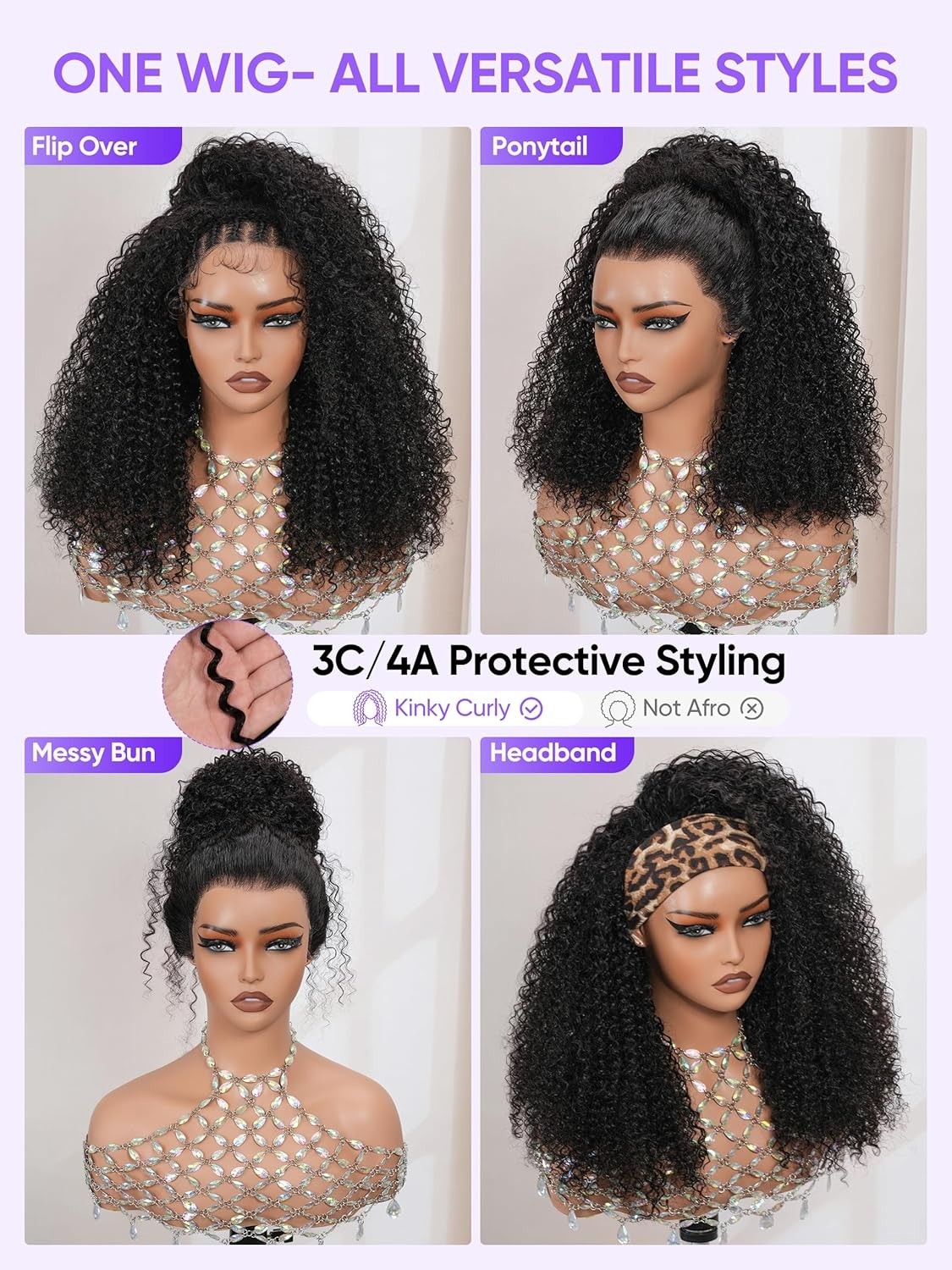 Kinky Curly Half Wig Virgin Human Hair, Seamless 4C Edges, Flip Over Drawstring