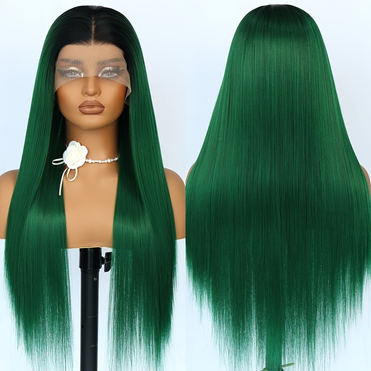 Long Straight Hair Wig Ombre Green Lace Front Wigs Glueless Heat Resistant Fiber