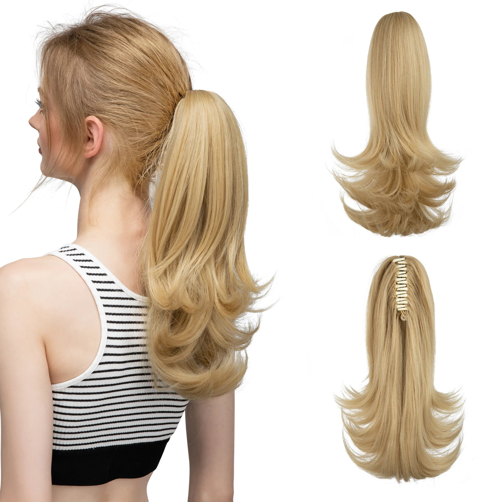 14 Inch Synthetic Claw Clip Ponytail Extensions Wavy Blonde Black Hair