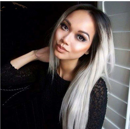 Straight Hair Black Grey Ombre Full Wigs Heat Resistant Fashion