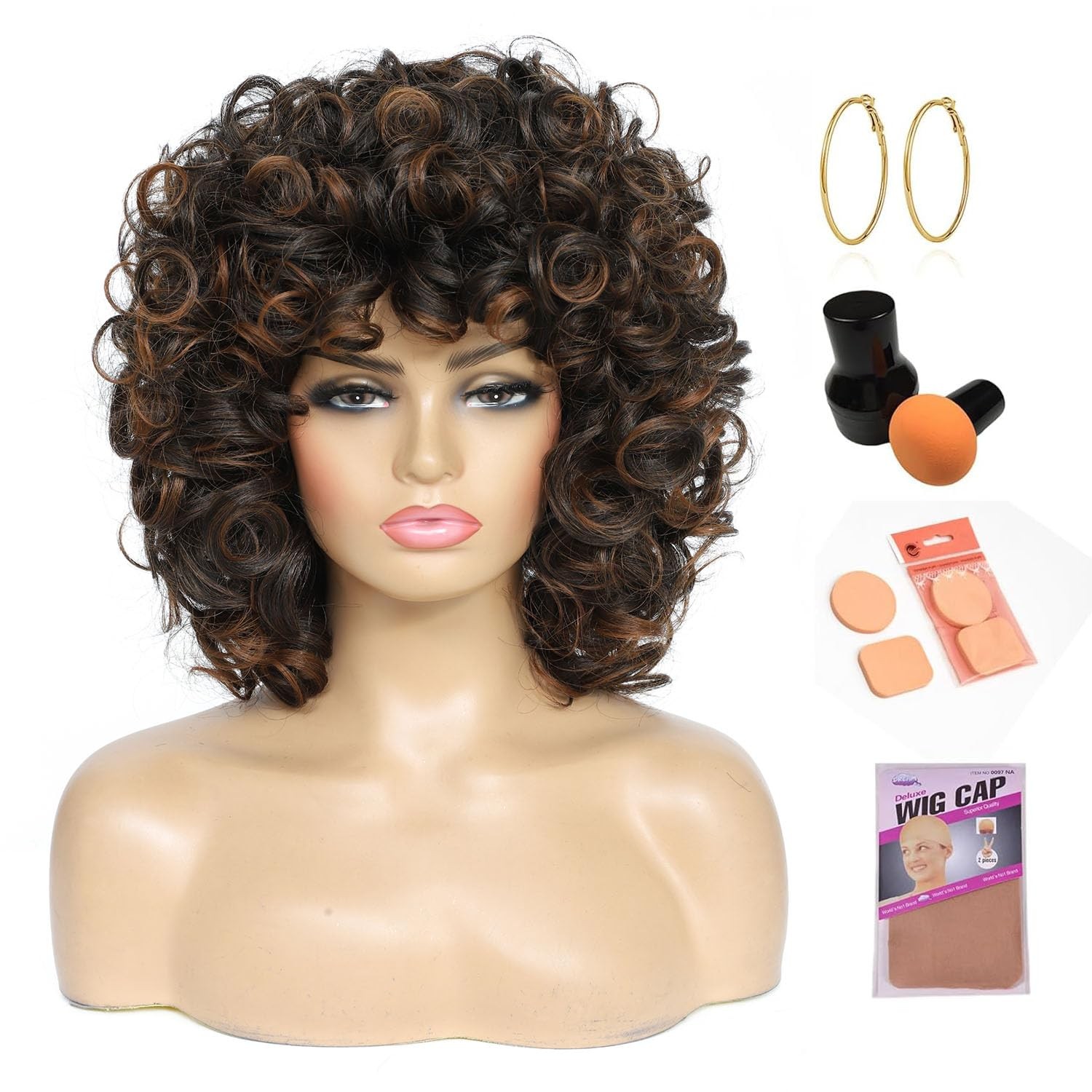 Short Curly Wigs with Bangs for African American Women, Loose Curly Wavy Hair…