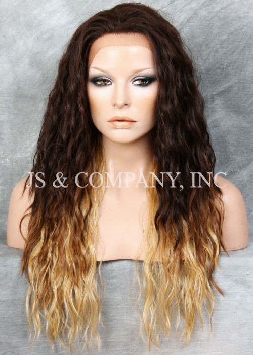 HEAT OK Full Human Hair Blend Lace Front wig Wavy Brown Blonde Tipped NUO GM432