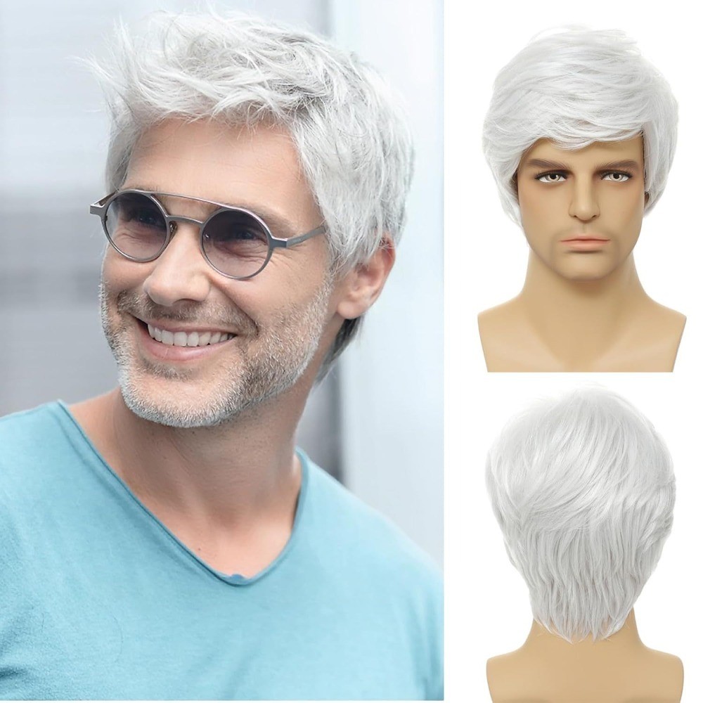 Men White Wig Layered Short Beanie Hairpiece Full Hair Universal Cosplay Wigs AU