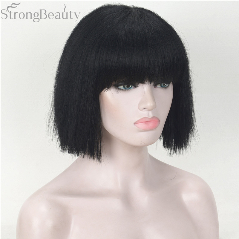 Synthetic Short Yaki Straight Wig Neat Bang Bob Black/Blonde Women’s Wigs