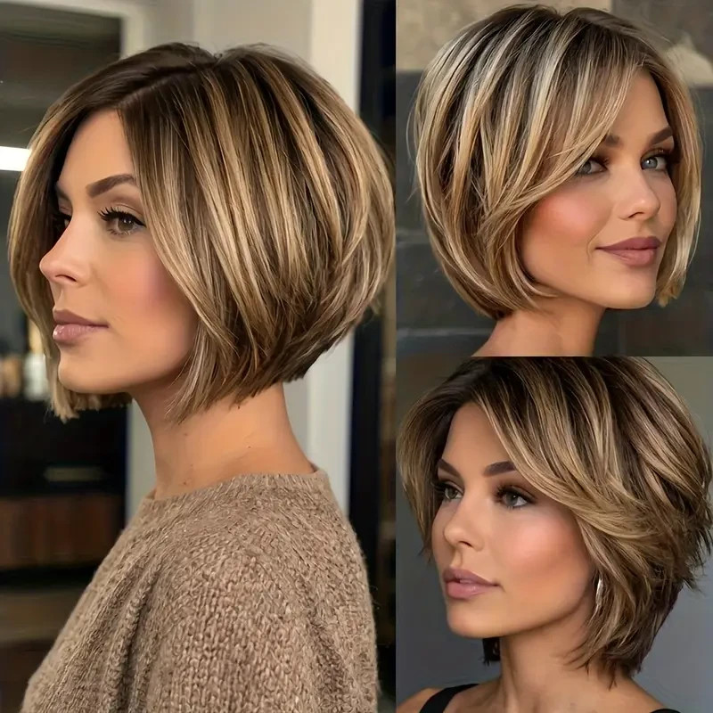 Caramel Brown Honey Blonde Bob Cut Lace Front 100% Human Hair Wig