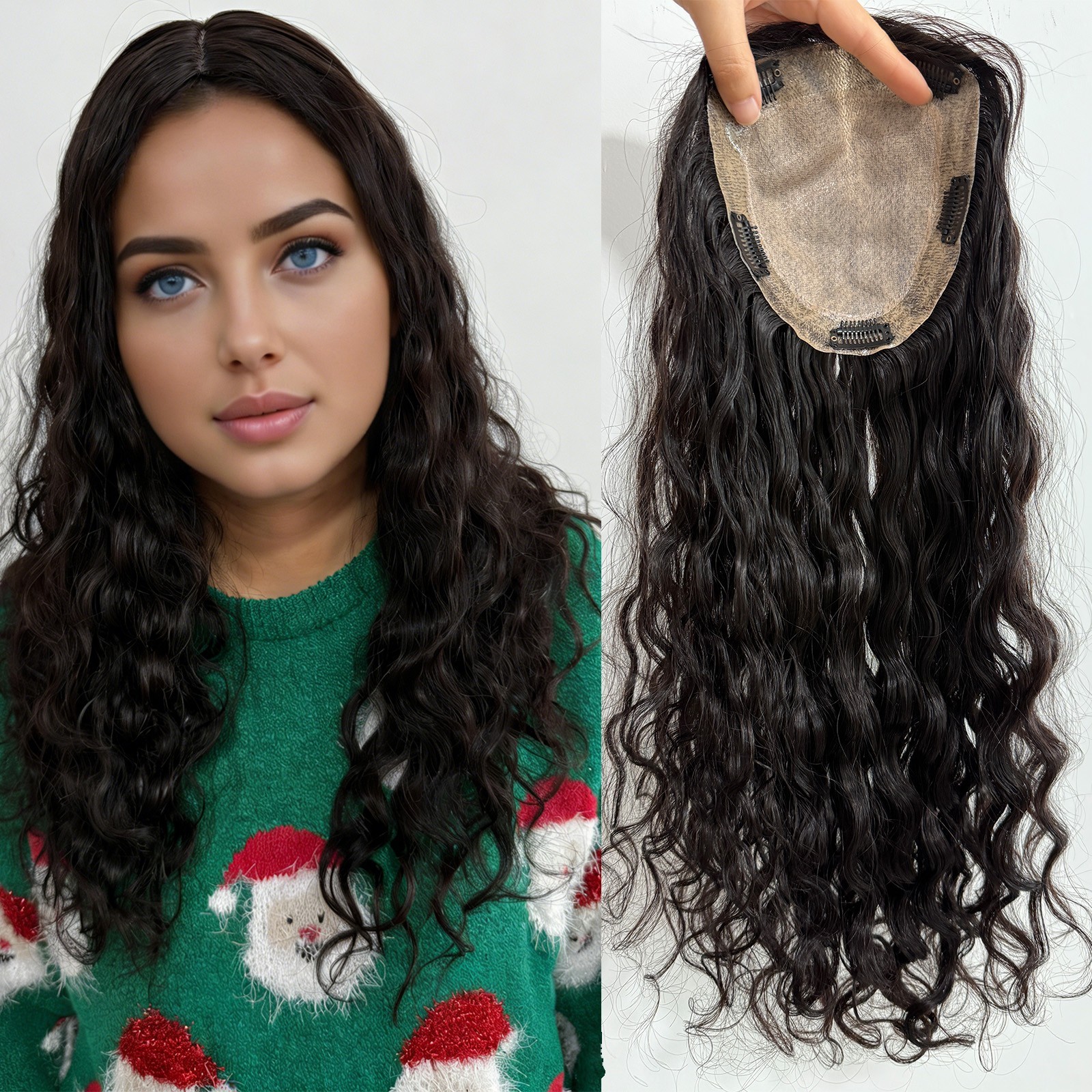 150% Desnity Wavy #1b Black Silk Base Topper 15x16cm Real Human Hair For Woman