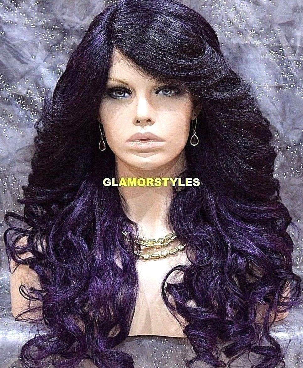 LACE FRONT FULL WIG LONG CURLY LAYERED BLACK PURPLE MIX HEAT OK NWT