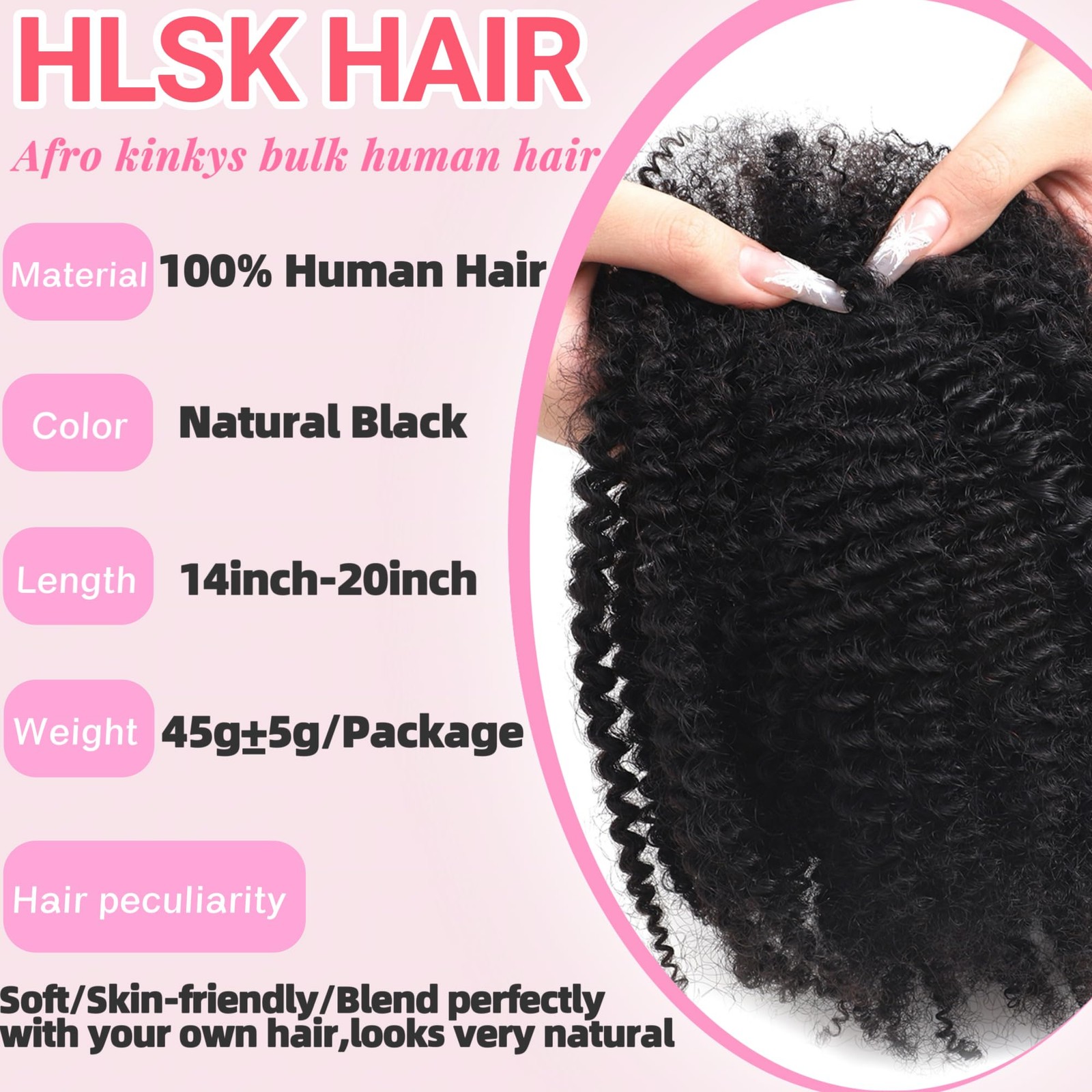 Afro Kinkys Bulk Human Hair 14 Inch 45g±5g/Pack for Dreadlock Extensions,Repa…