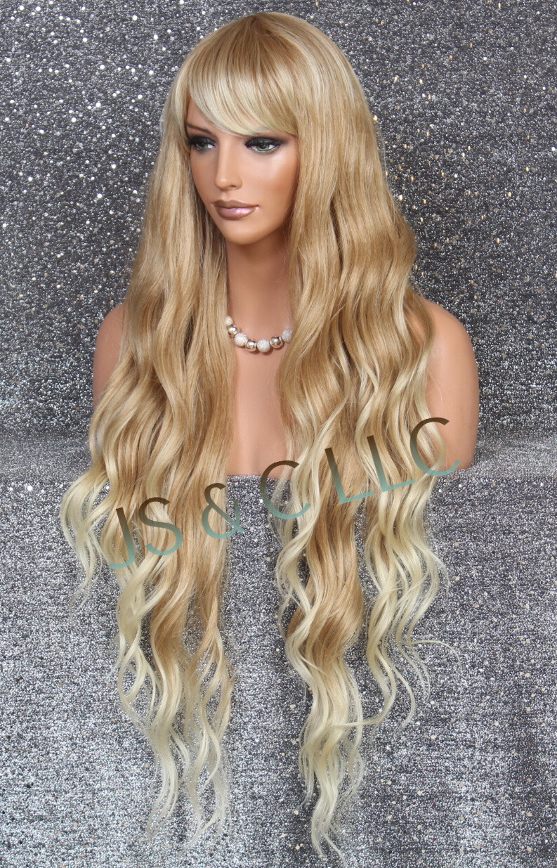 Human Hair Blend 40″ Long Full Wig Heat OK Wavy Blonde mix bangs JSSH 27-613