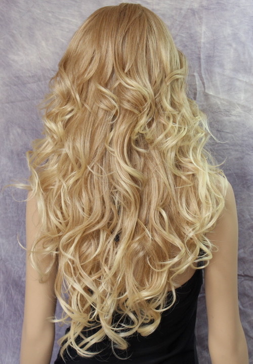 Long Blonde Mix Human Hair Blend Full Wigs Goregeous Wavy Heat Safe Blonde Mix