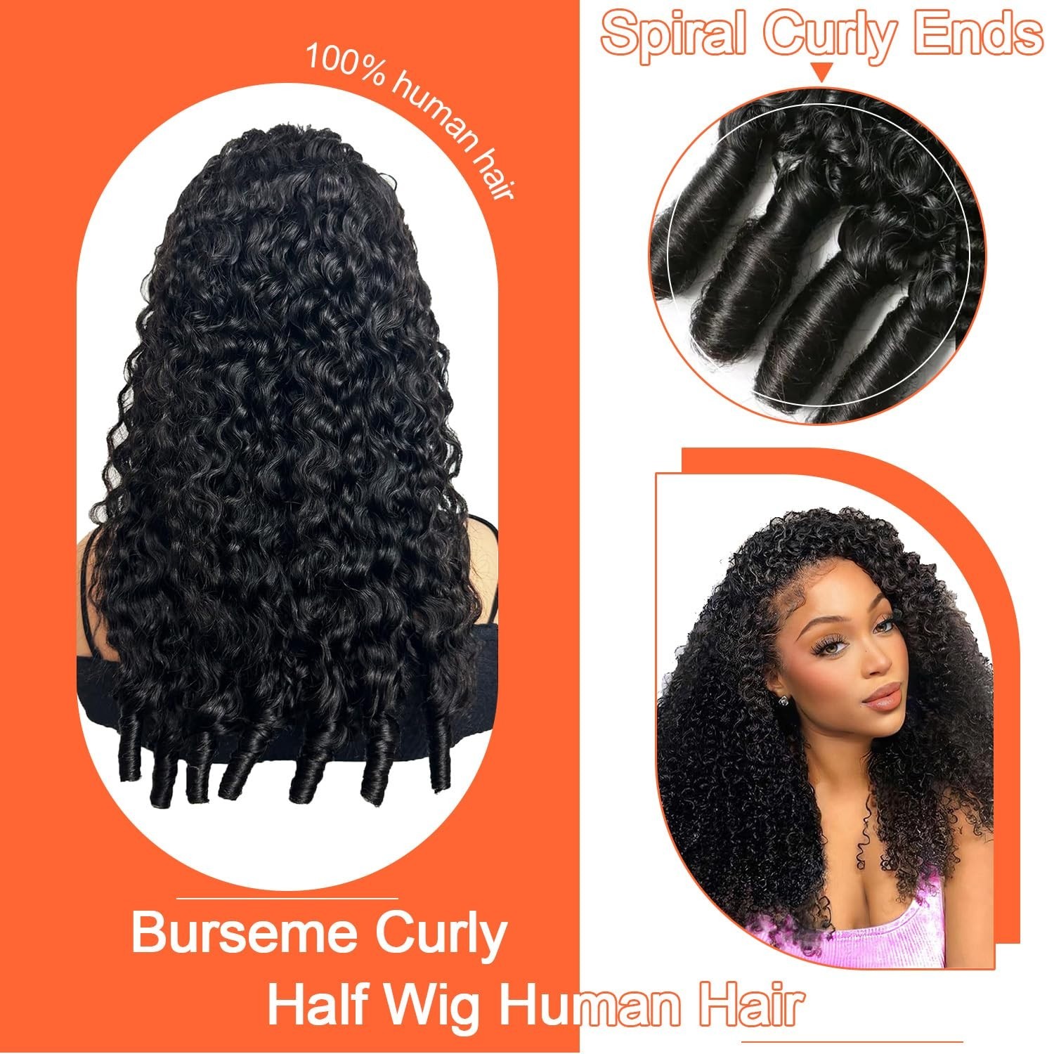220% Density 18″ Burmese Curly Half Wig – 100% Human Hair, Glueless Clip-Ins, Ea