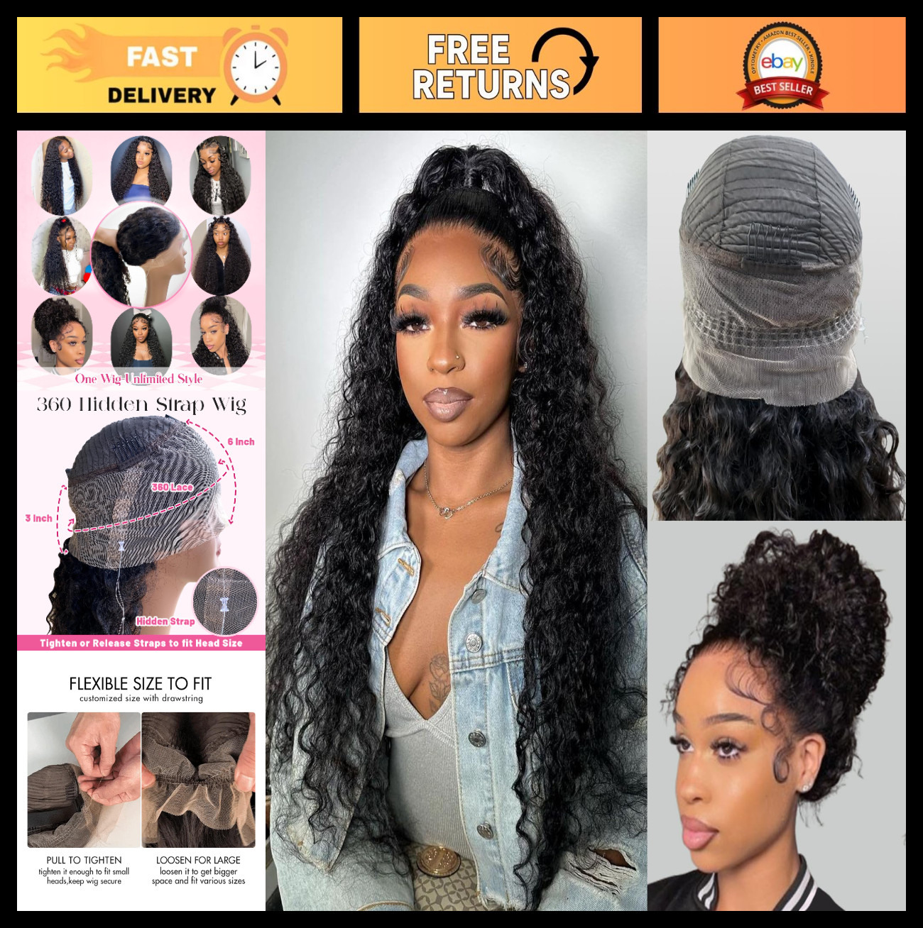 24″ 360 Glueless Deep Wave Lace Front Wig, Pre-Plucked, 200 Density, Wet & Wavy