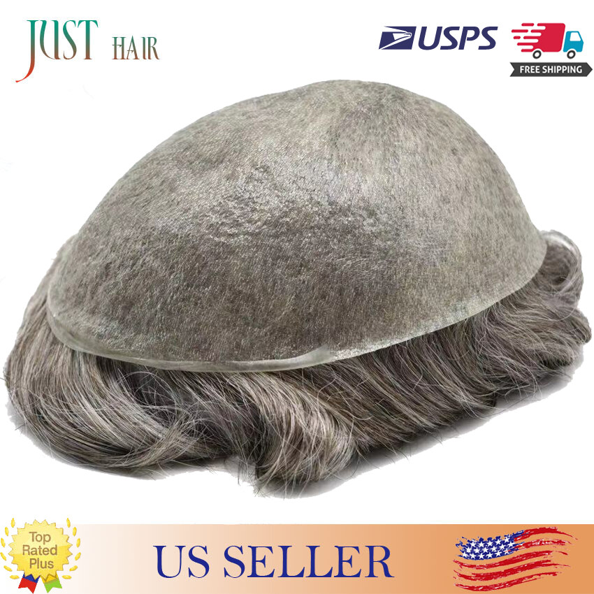 Mens Toupee Gray Hair Replacement System Thin Skin Men Wig Human Hairpieces US
