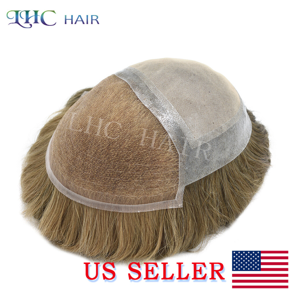 Swiss Lace Front Mens Toupee Human Hair Replacement System Lace&PU Hairpiece Wig