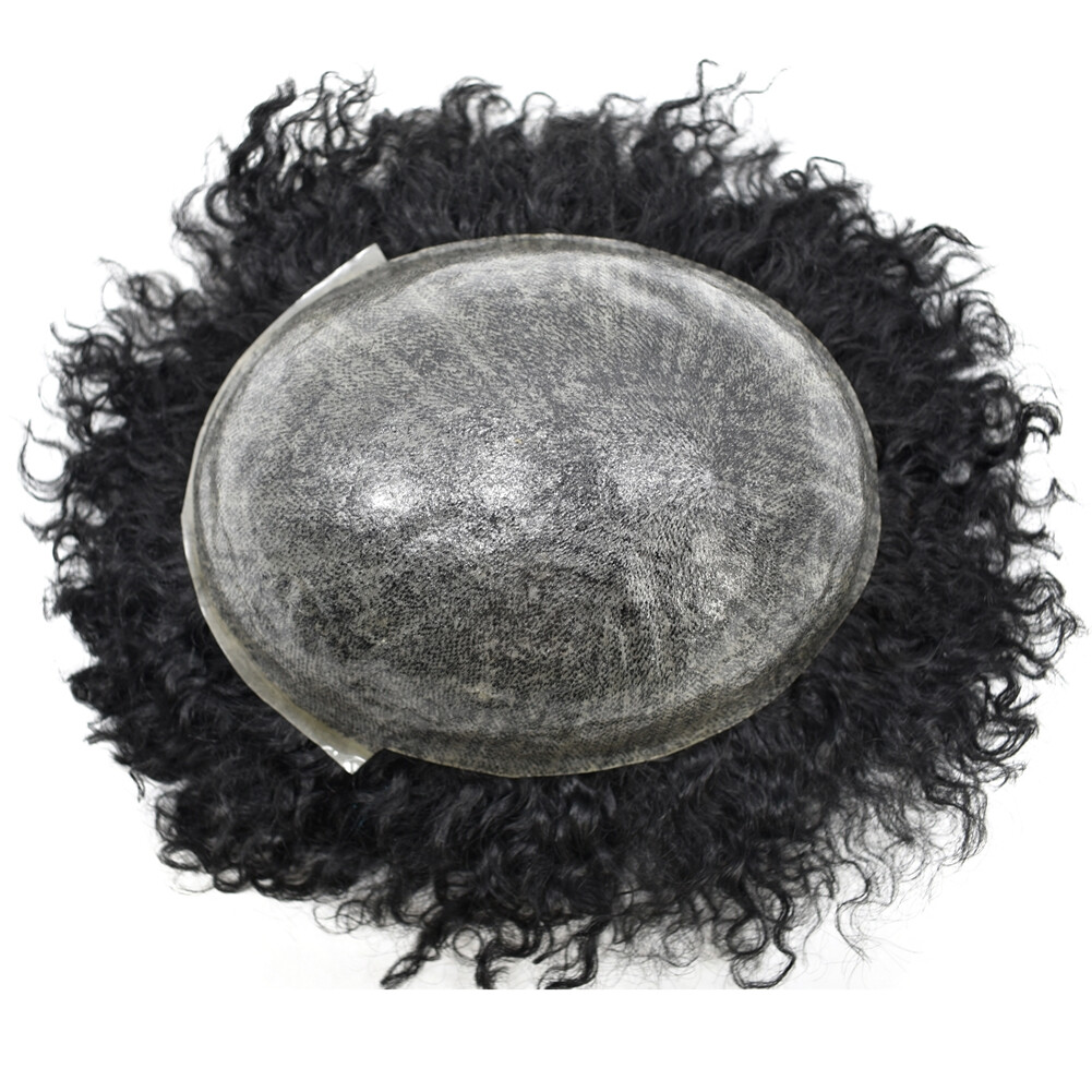 Afro Curl Mens Toupee Full Poly Skin Pu African American Hair System Replacement
