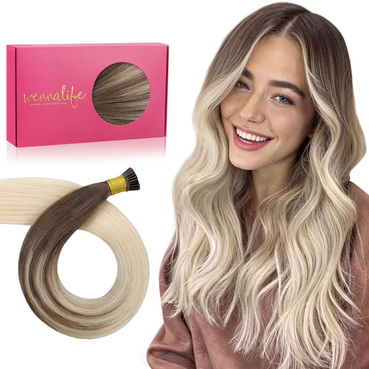 I Tip Hair Extensions Human Hair, 24″ Ombre Sandy Brown to Platinum Blonde