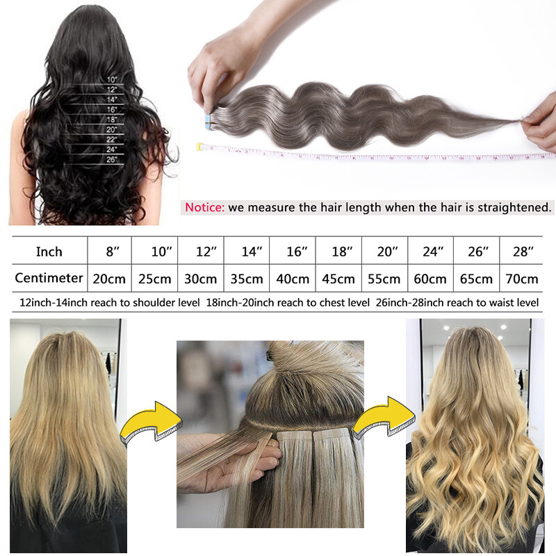 Thick Wavy Tape In 100% Remy Human Hair Extensions Skin Weft Full Head Body Wave
