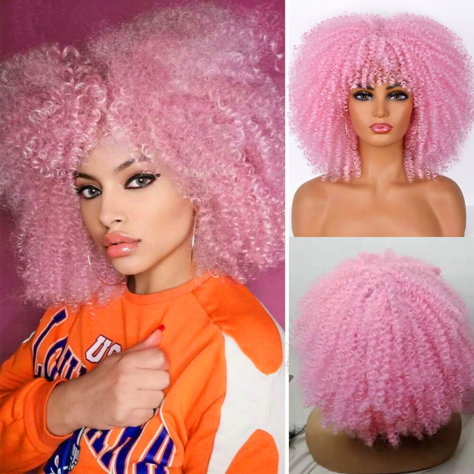 Short Hair Afro Kinky Curly Wig With Bangs For Black Women Synthetic Pink Curly