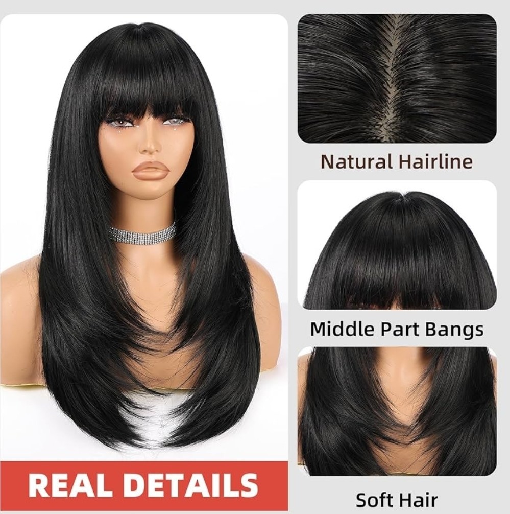 Long Wavy Straight Shag Bangs Black Human Hair Blend Full Wig Rainbow