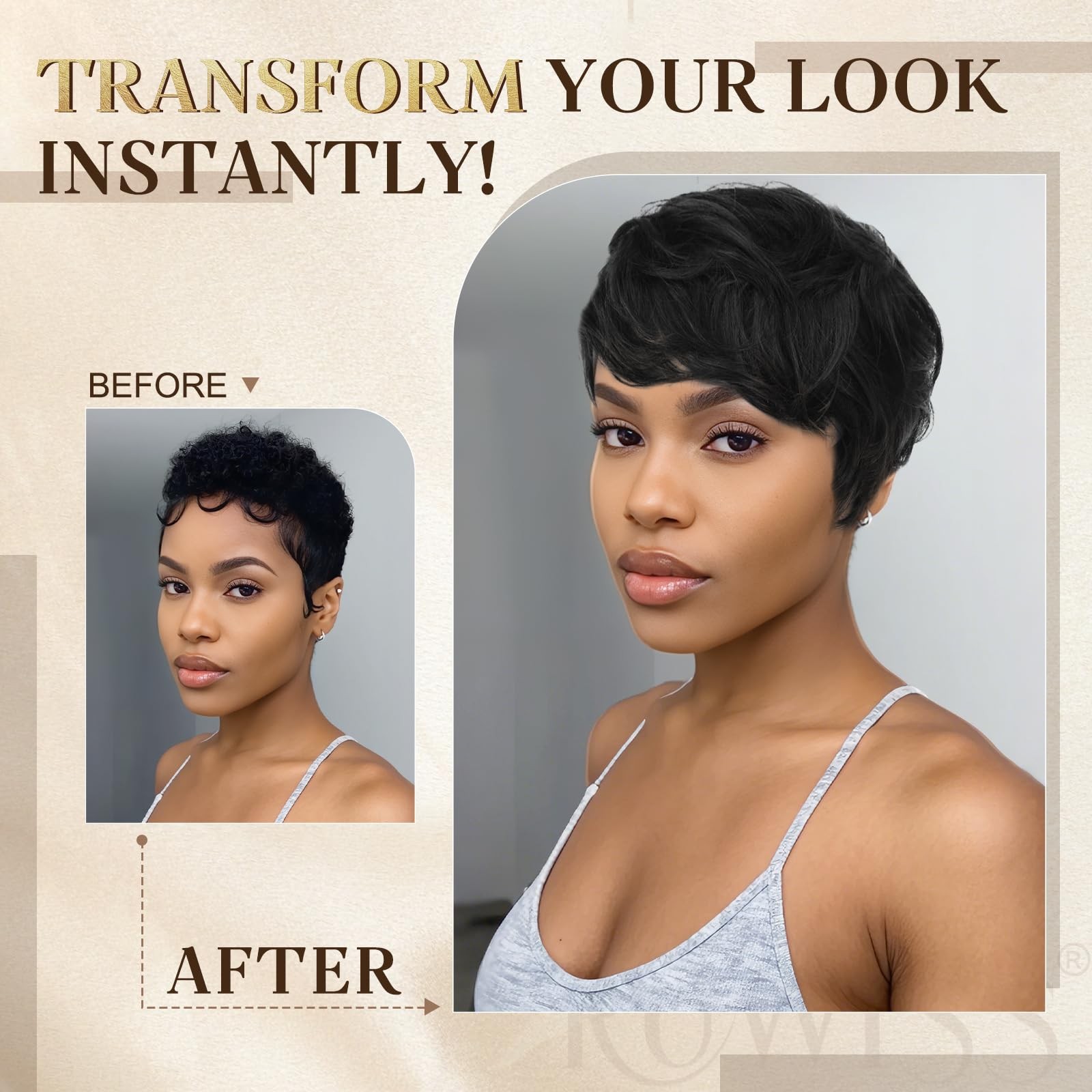 Ruwiss Pixie Cut Wig Human Wigs For Black Women Bangs Natural Layered Wavy Wig